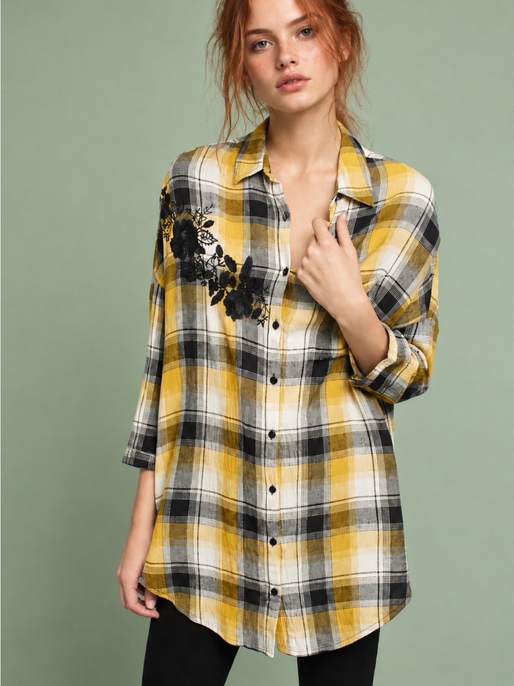 Maeve Plaid Buttondown Shirt XS/S Oversized Floral Appliqué Yellow Black